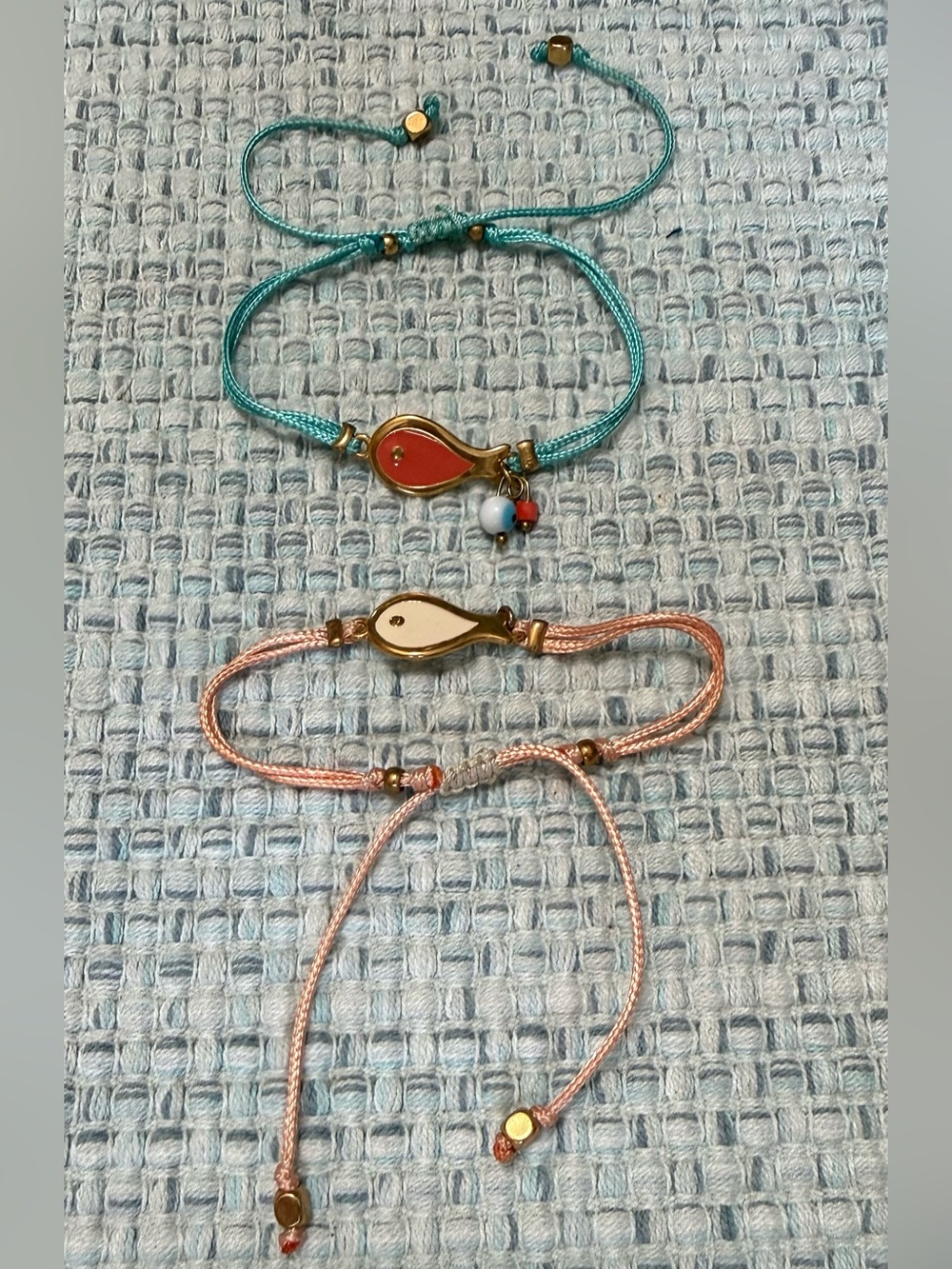 Adjustable Teal and Peach Fish Charm Bracelet Set